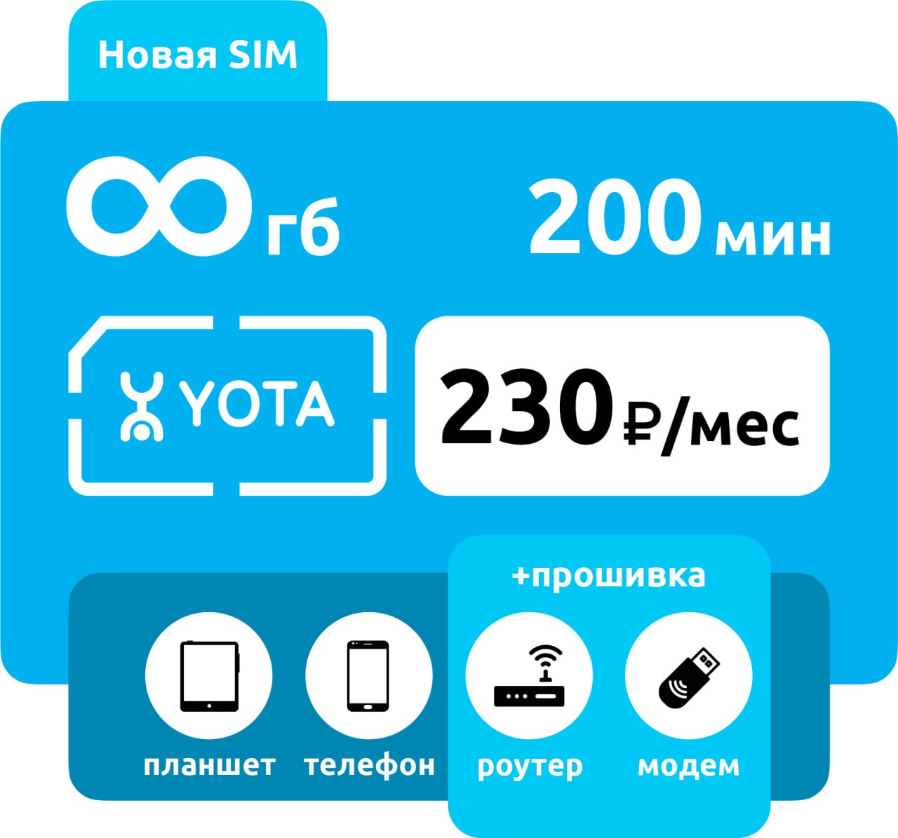 SIM-карта Yota 200 минут, безлимит с раздачей (для смартфона) фото